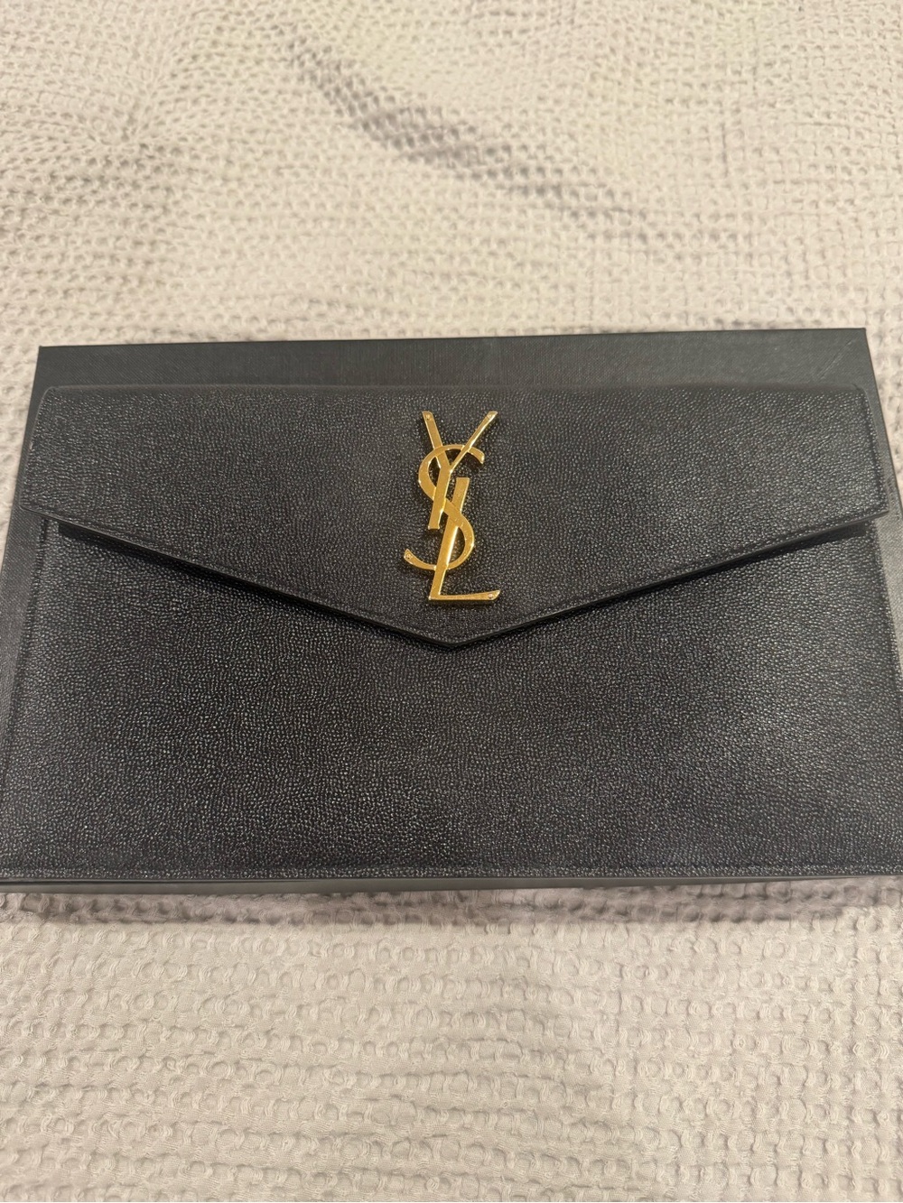 Saint Laurent Black Leather Envelope Clutch with Gold YSL Emblem